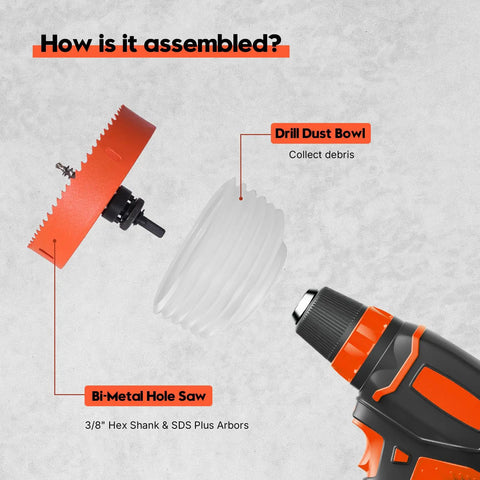 6 Inch Hole Saw for Recessed Can Lights with Dust Bowl, Bi Metal Cutter, and Dust Catcher assembly view with drill