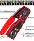 Straight Shooter Cat5 Cat6 Pass Through Crimping Tool And Wire Stripper Network Test Kit with non-slip handle and crimp buttons.