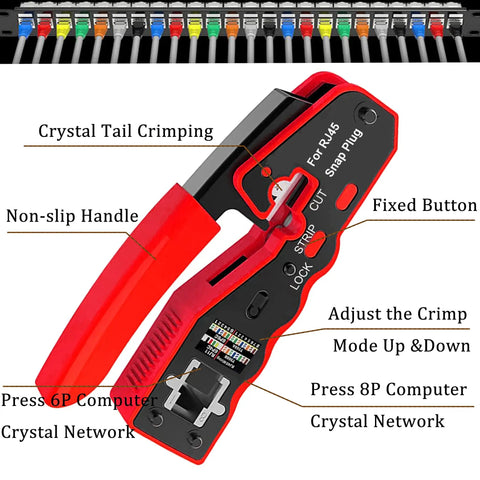 Straight Shooter Cat5 Cat6 Pass Through Crimping Tool And Wire Stripper Network Test Kit with non-slip handle and crimp buttons.
