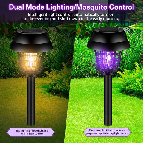 12 Pack Solar Bug Zapper Outdoor Waterproof Mosquito Killer Lamp For Patio Yard Garden With Purple And Warm Light showing dual modes in garden setting.