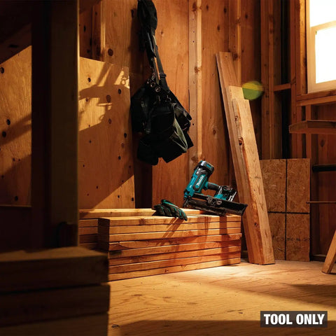 18V LXT Cordless Framing Nailer With 21 Degree Full Round Head, 3-1/2 Inch, Tool Only displayed on wooden planks at a construction site.