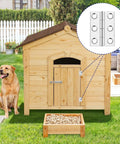 Stainless steel 2-inch folding hinge for wooden boxes; front view with hinge close-up inset on a wooden doghouse.