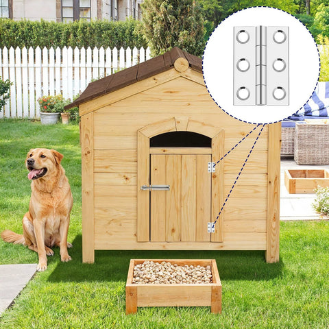 Stainless steel 2-inch folding hinge for wooden boxes; front view with hinge close-up inset on a wooden doghouse.