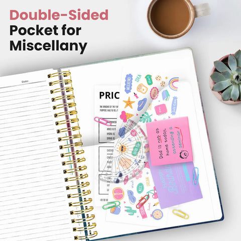 Spiral Notebook With Five Removable Dividers And Tabs, 8.5x11 Hardcover 280-Page Five Subject Journal For Women, open with pocket.