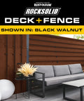 Hardcore Deck And Fence Stain With Gnarly UV Protection Black Walnut Oil Base shown on a modern outdoor patio with furniture.