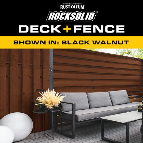 Hardcore Deck And Fence Stain With Gnarly UV Protection Black Walnut Oil Base shown on a modern outdoor patio with furniture.