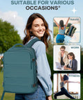 Woman smiling wearing airline approved travel backpack for women and men, carry-on size, waterproof luggage daypack in a-peacock blue