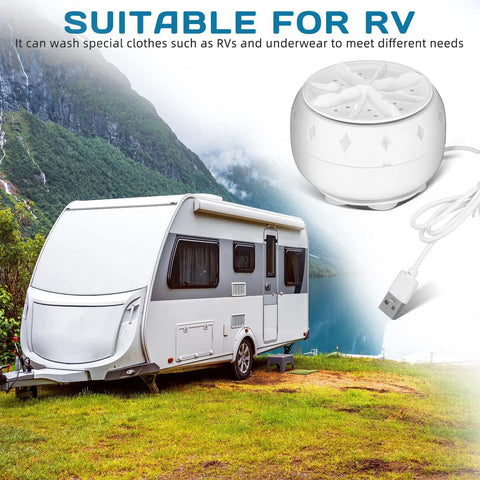 This Slick Mini Turbine Washing Machine Is Your New Usb Powered Portable Laundry Companion Built For Rv Trips And Delicate Loads Made From Rugged Plastic To Handle Everyday Grime And Get Things Done Fast Without Breaking A Sweat next to an RV in a scenic outdoor setting.