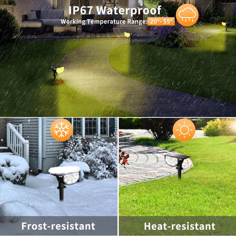 Outdoor Solar Spotlights 650 Lumen IP67 Waterproof Warm White 3000K with Auto On Off lighting yard in rain and snow