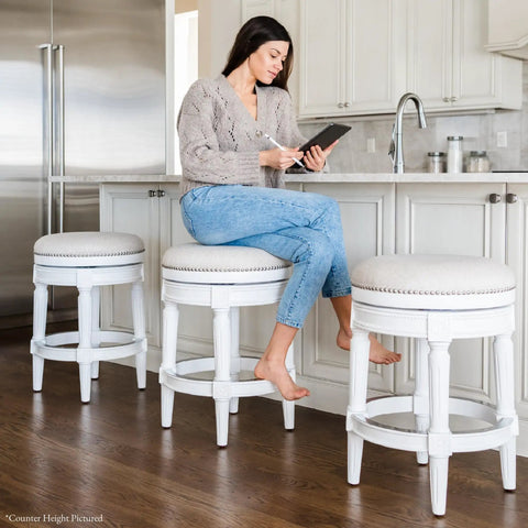 Backless Swivel Bar Stool, 30 Inch High, Nailhead Trim, Alabaster White Finish With Cream Upholstery, 180 Degree Swivel, Solid Wood Kitchen Chair For Modern Kitchens And Casual Hangouts