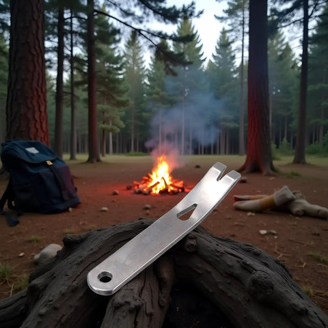 Pocket Size Stainless Steel Crowbar Pry Bar Widgy Bar EDC Tool for Bushcraft and Survival in forest near campfire