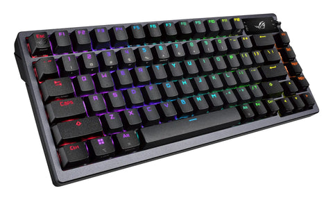 Legit Compact Wireless Mechanical Keyboard For Gaming Featuring Tri Mode Connectivity Hot Swappable Clicky Switches Snappy PBT Keycaps Custom RGB Backlight And Clever Oled Panel For Pc Or Mac Setup, top view with vibrant RGB lighting.