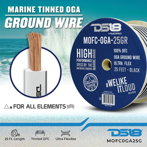 Marine Grade Tinned OGA Ground Wire spool image, 25 feet black with specifications, showcasing flexible and corrosion-resistant features.