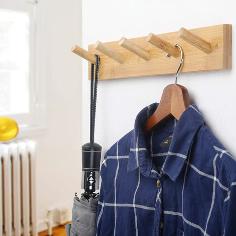 Wall Mounted Coat Rack With Five Hooks, 16 Inch Hole Spacing, Solid Bamboo Peg Rail For Hats Coats Towels Jackets Clothes, Natural Finish, Heavy Duty Wall Hanger with shirt and umbrella hanging