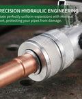 Close-up of Heavy Duty Hydraulic Tube Expander Kit For Copper Aluminum And Mild Steel Pipes From Three Eighths To One And One Eighth Inch OD With Tube Cutter And Deburring Tool Compact HVAC Swaging Set For Pros And DIY Techs in use on copper pipe