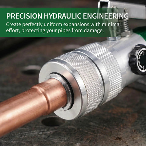 Close-up of Heavy Duty Hydraulic Tube Expander Kit For Copper Aluminum And Mild Steel Pipes From Three Eighths To One And One Eighth Inch OD With Tube Cutter And Deburring Tool Compact HVAC Swaging Set For Pros And DIY Techs in use on copper pipe