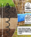 Four Piece Spiral Stakes Beefy Heavy Duty Ice Screw Anchors For Trampolines Tents Tarps Canopies Car Ports And Dog Tie Outs Plus Bonus Tie Down Straps Black shown in soil layers with windproof and rust-free features.