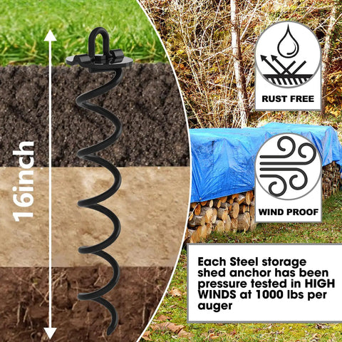 Four Piece Spiral Stakes Beefy Heavy Duty Ice Screw Anchors For Trampolines Tents Tarps Canopies Car Ports And Dog Tie Outs Plus Bonus Tie Down Straps Black shown in soil layers with windproof and rust-free features.