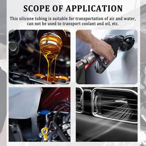 Four images showing the use of the Six Size Silicone Vacuum Hose Kit With 4.9Ft Length And 64 Vacuum Line Connectors for automotive air and water transport.