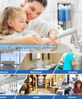 Wall Mounted Soap Dispenser For Kitchen And Bathroom With Zero Fuss No Drip Nozzle holds 17 Oz liquid gel shampoo sanitizer in use.