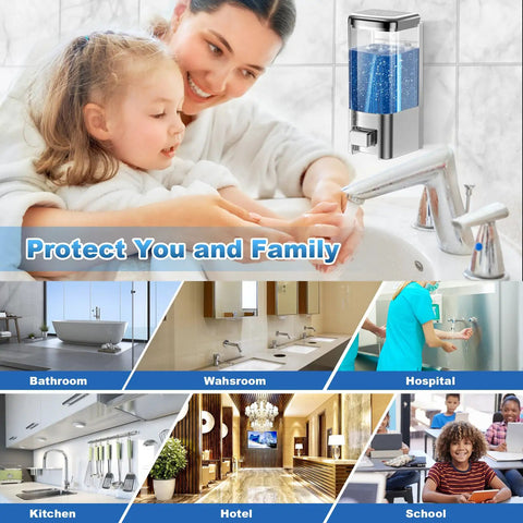 Wall Mounted Soap Dispenser For Kitchen And Bathroom With Zero Fuss No Drip Nozzle holds 17 Oz liquid gel shampoo sanitizer in use.