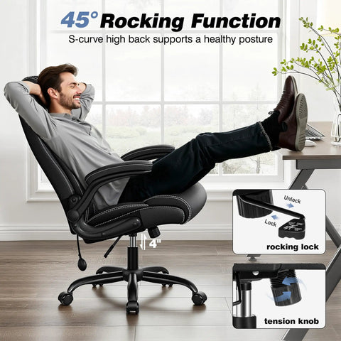 Man relaxing on Ergonomic Office Chair For Home Or Office With Adjustable Lumbar Support Leather High Back Executive Style
