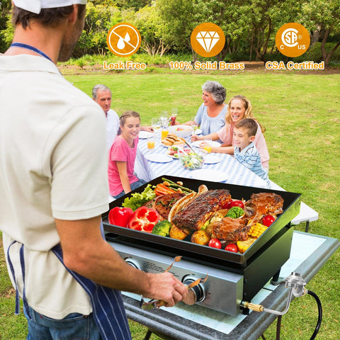 Man grilling on tabletop griddle with propane regulator for Blackstone 17 and 22 inch griddles, family dining outdoors.