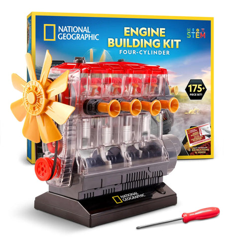 4 Cylinder Engine Building Kit With 175 Pieces, Working Visible Engine Model, showing pistons, fan, and included screwdriver