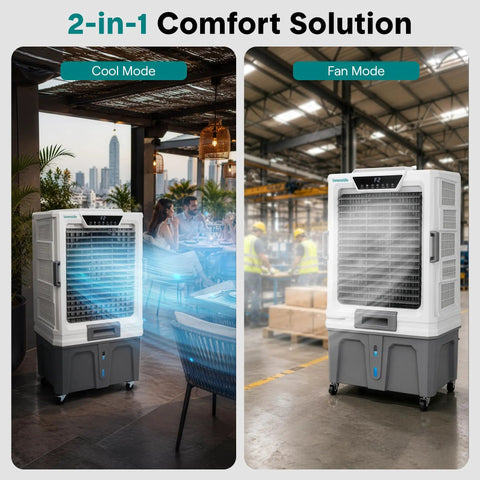 Heavy Duty Portable Evaporative Air Cooler With 12000 CFM Hella Badass Cooling For Large Indoor Outdoor Spaces Sweet Chill With 12 Hour Timer Smart App Remote Control in cool and fan mode.