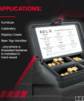 Hardwood Threaded Insert Assortment Kit With Brass Inserts 6-32 To 3/8-16 for wood repair and fastening in black case.