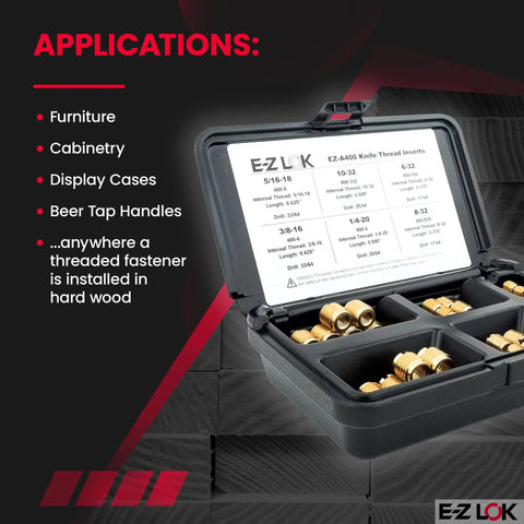 Hardwood Threaded Insert Assortment Kit With Brass Inserts 6-32 To 3/8-16 for wood repair and fastening in black case.