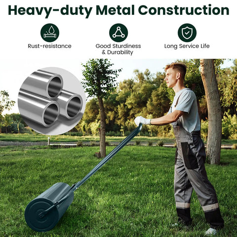 Man using Heavy Duty 12x36 Inch Lawn Roller Water Or Sand Filled Drum For Push Or Tow Behind Use, 63L/17 Gallons on lawn