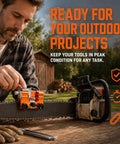 No Sweat Manual Chainsaw Sharpener Kit Featuring Seven Precision Grinding Stones And A Foolproof Guide For Four To Twenty Two Inch Chains being used on a chainsaw.