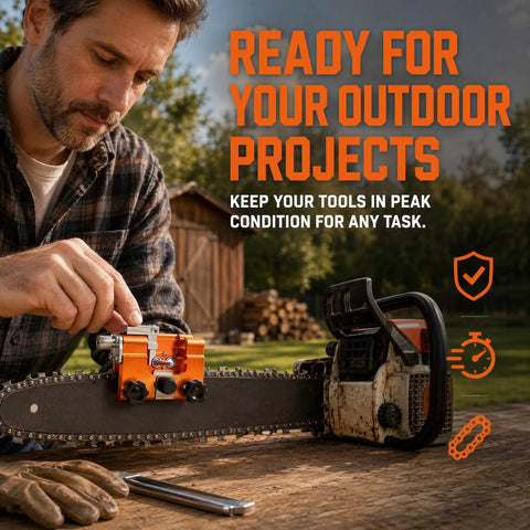 No Sweat Manual Chainsaw Sharpener Kit Featuring Seven Precision Grinding Stones And A Foolproof Guide For Four To Twenty Two Inch Chains being used on a chainsaw.
