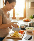 Front view of two-piece stainless steel crinkle chopper and potato fry cutter on kitchen counter used to slice potatoes