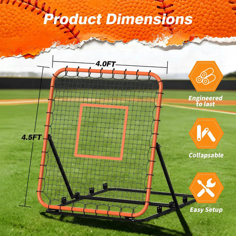 Portable Baseball Rebounder Net For Quick Pro Grade Returns With Four Adjustable Angles For Ground Balls, Fly Balls, Fastballs And More, 4 By 4.5 Ft Practice Tool For Baseball And Softball Training, Orange, shown on a field.