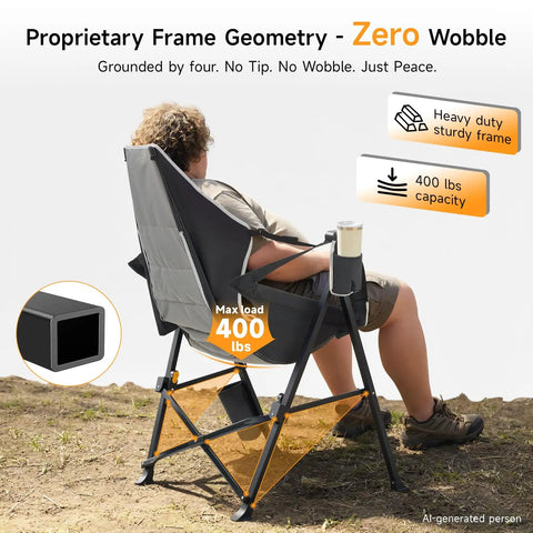 Heavy Duty Hammock Camping Chair With Removable Footrest And Cup Holder, 4-Point Self-Leveling Stability For Uneven Ground, 400 Lbs Capacity
