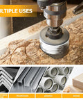 Drill bit in use on wood, showcasing multiple uses for metal, aluminum, plastic; suitable for 82 Degree Five Flute Countersink Drill Bit Set.