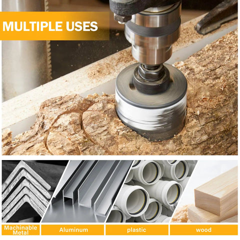 Drill bit in use on wood, showcasing multiple uses for metal, aluminum, plastic; suitable for 82 Degree Five Flute Countersink Drill Bit Set.