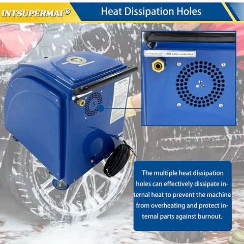 Industrial Steam Cleaner Drops Smokin Hot High Pressure Steam For Auto Shop Degreasing And Fleet Maintenance With Instant Heating showing heat dissipation holes.