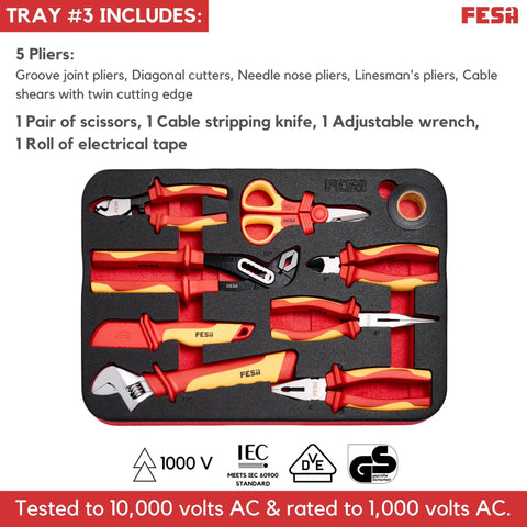 Master Electrician Insulated Tool Set With 50 Knuckle Buster Pliers And Screwdrivers Inside A Rock Solid Rolling Carry Case with 5 pliers and electrical tools.