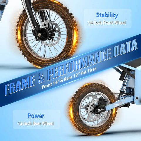 Kick Up Serious Dust With This Sick Dual Electric Dirt Bike Set Packing 48V 21Ah Battery And A Mean 3000W Peak Motor Built For Crushing Gravel Trails Every Single Weekend showing a 14-inch front wheel and 12-inch rear wheel with fat tires.