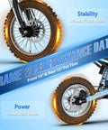 High Performance Electric Dirt Bike Kicking Up Dust With 2000W Motor And Extended Range Battery showing 14" front and 12" rear fat tires.