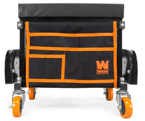 400-Pound Capacity Garage Glider Rolling Tool Chest Seat with Storage Pouch, cushioned pad, and easy glide ball bearing casters.
