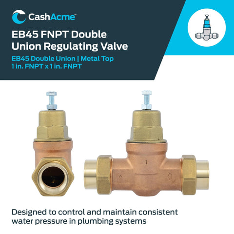 Front and side views of Cash Acme EB45 double-union pressure regulating valve; brass body, 1 in FNPT female ports.