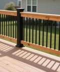 Image of 25 Pack 26 Inch Black Metal Deck Balusters Rectangular Stair Spindles For Deck Railing System Side Mount Railing Kit with wood rails.
