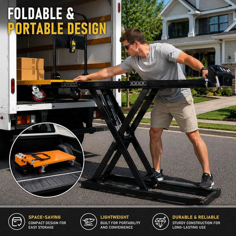 Man using Rock Solid Electric Scissor Lift Table Cart With 660 Lb Capacity And 47 Inch Platform Height for warehouse loading.