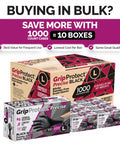 Top Shelf Black Nitrile Gloves 1000 Count Bulk 4 Mil Thick Chemical Resistant Disposable Gloves shown in bulk packaging.