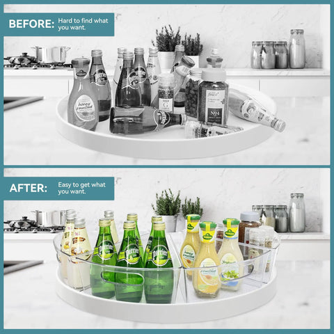 Before and after using Lazy Susan Organizer Set Of Four Clear Plastic Kitchen Cabinet Storage Bins With Handles, 10.2 By 9.4 By 4 Inches, 4 Inch Deep Wedge Containers