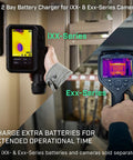 Two Bay Battery Charger For Ixx And Exx Series Cameras shown with thermal cameras in use, black finish, compact design.